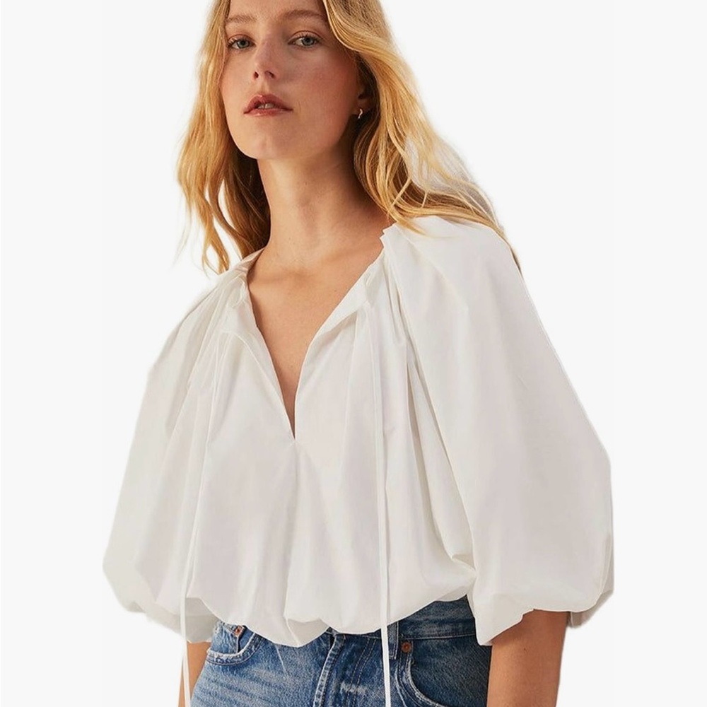 Rebecca Taylor Yara Poplin Bubble Top in Milk